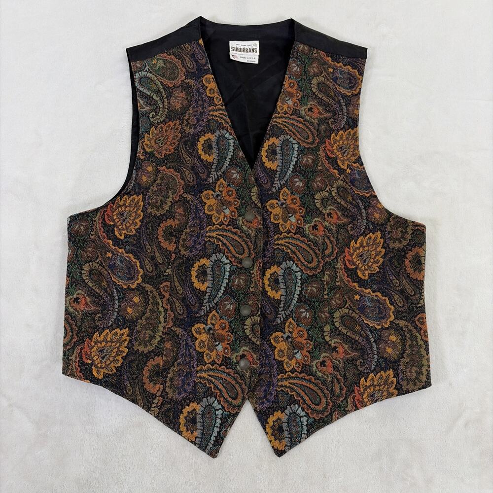 Vintage Country Suburbans Vest Women's 14 Button Org/Grn/Blue Paisley BnftsChrty